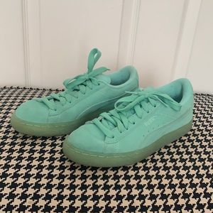 Pastel blue suede pumas
